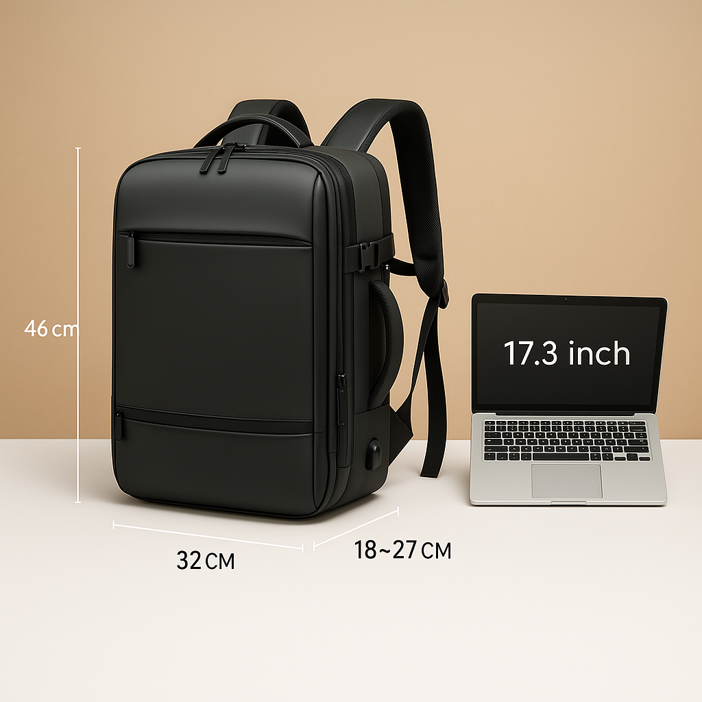 Men’s expandable carry-on backpack with USB port, luggage-style opening, and waterproof compartments for business or weekend travel