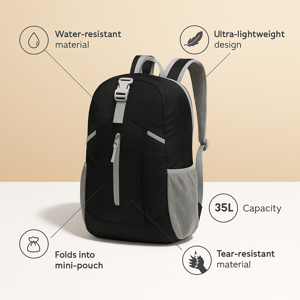 Men’s lightweight backpack with foldable design, water-resistant fabric, and breathable straps, ideal for hiking and travel