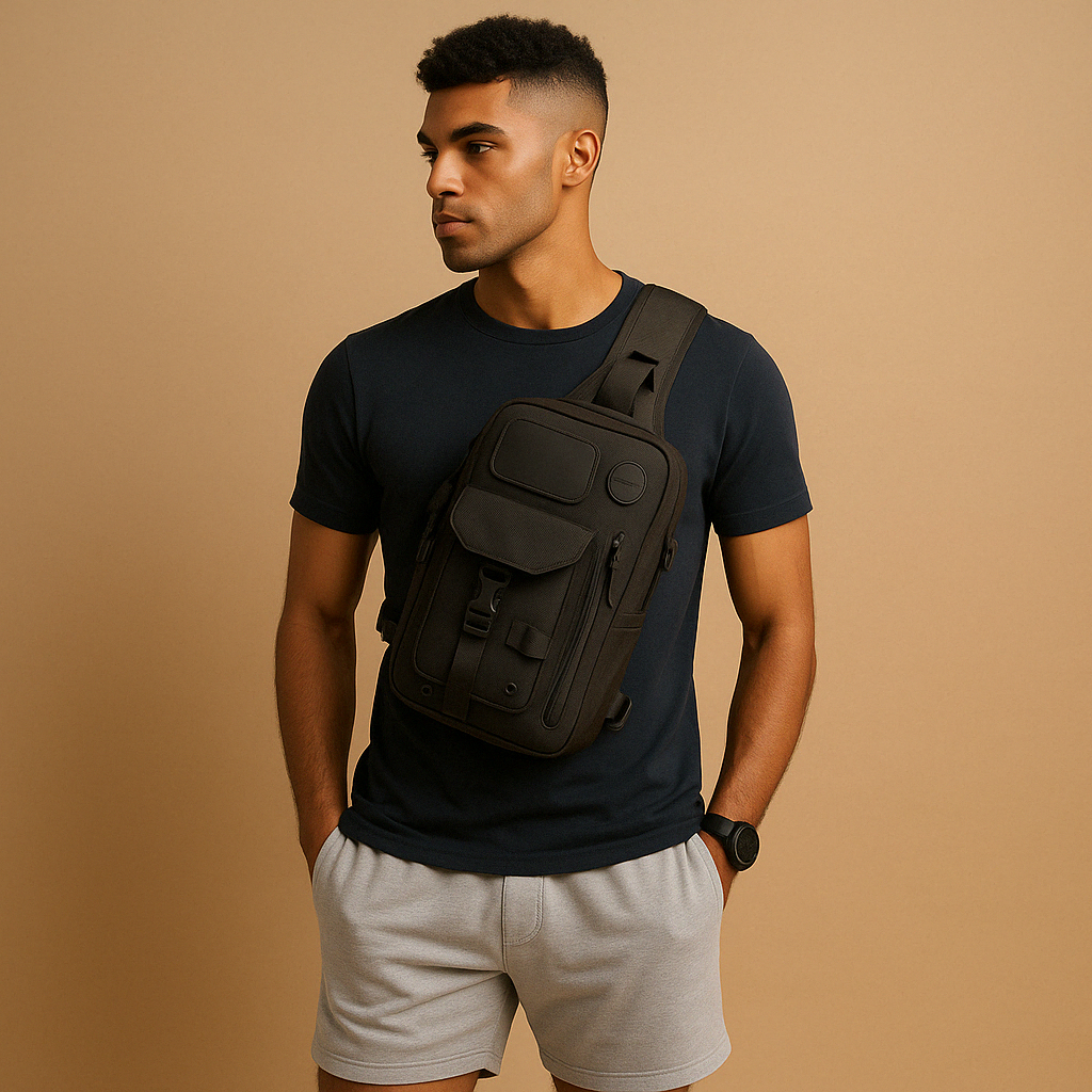 Men’s tactical anti-theft sling bag with waterproof zippers, hidden compartments, and MOLLE straps for secure and organised travel