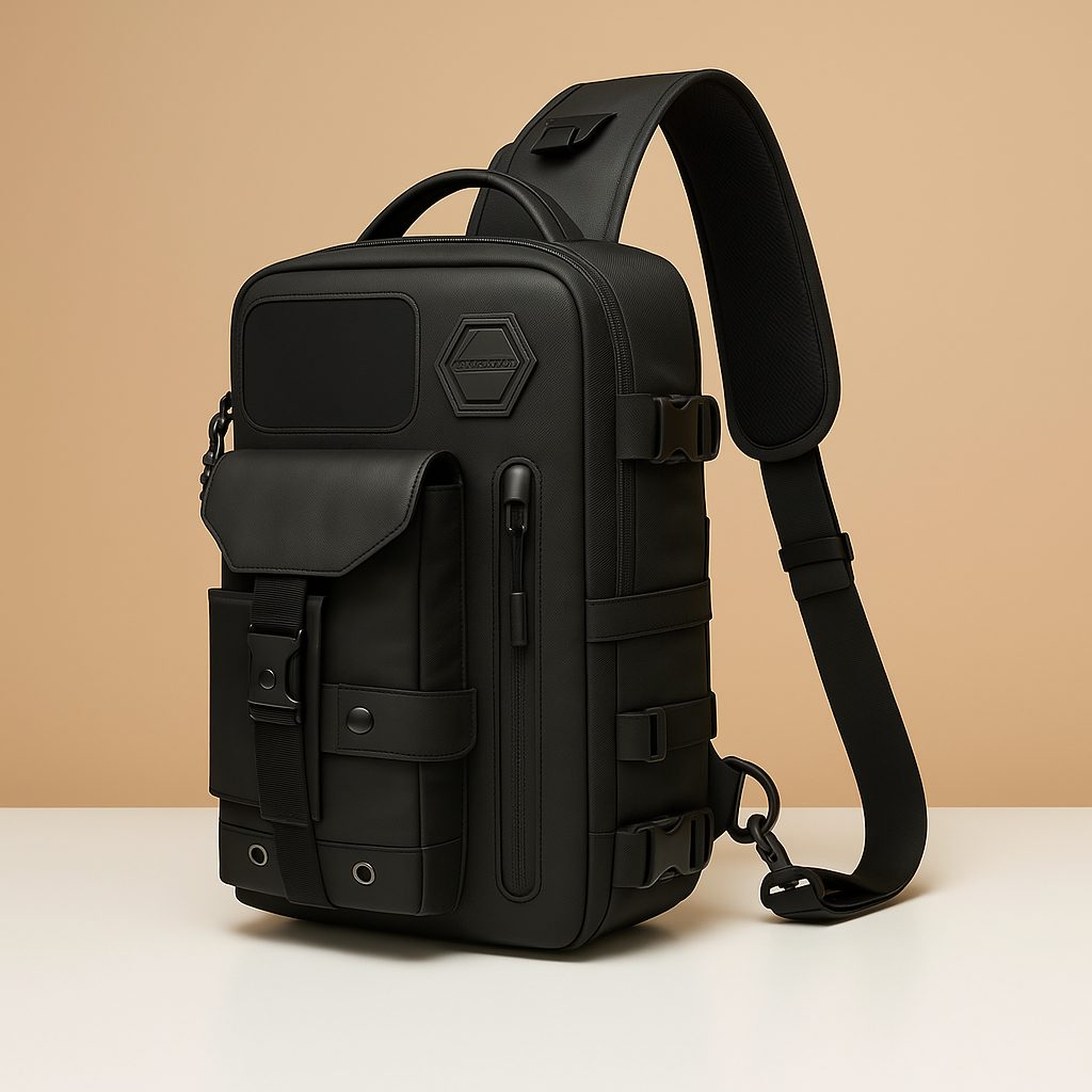 Men’s tactical anti-theft sling bag with waterproof zippers, hidden compartments, and MOLLE straps for secure and organised travel