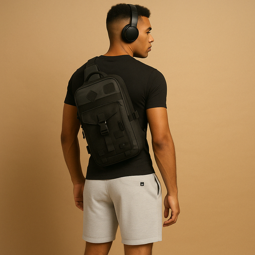 Men’s tactical anti-theft sling bag with waterproof zippers, hidden compartments, and MOLLE straps for secure and organised travel