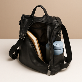 Women’s anti-theft leather backpack with hidden zipper compartments and convertible straps, perfect for travel and everyday wear