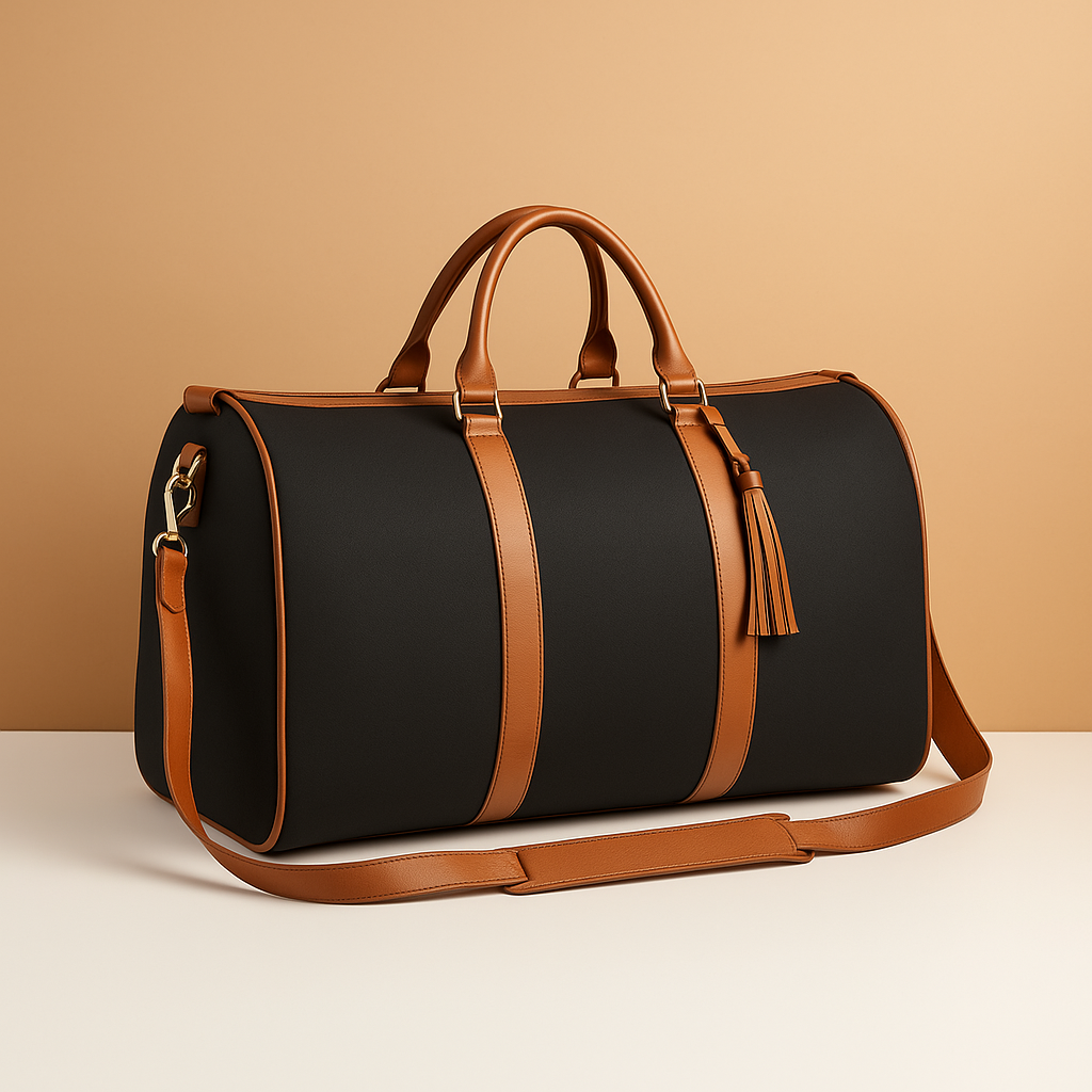 Men’s travel duffle bag with garment holder, foldable design, and water-resistant finish, ideal for business trips and weekend getaways
